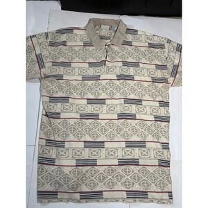 Bugle Boy Company Polo Shirt Mens XL Beige Geometric All Over Print Vintage